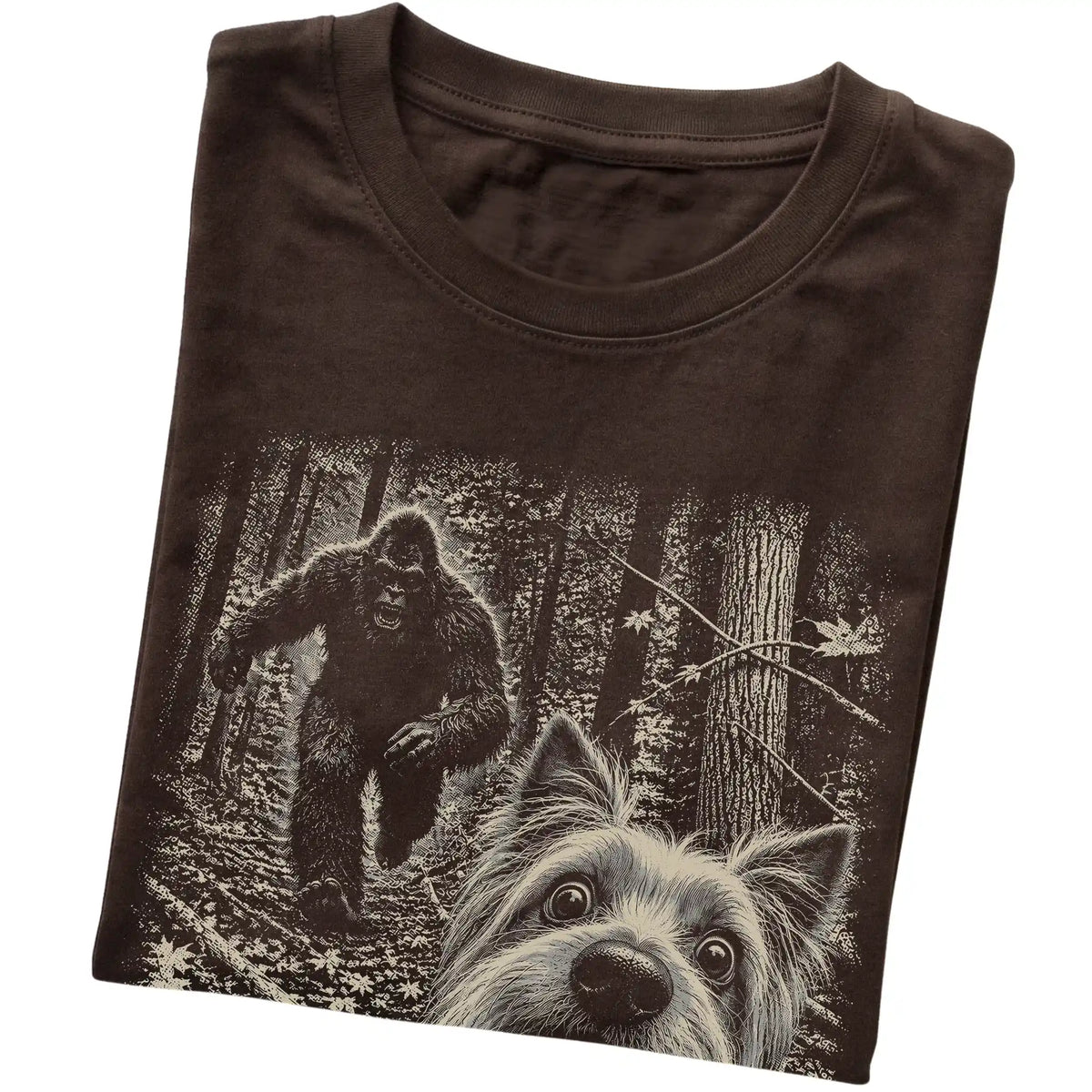 Dark Chocolate Yorkie Bigfoot selfie T-shirt, close-up view