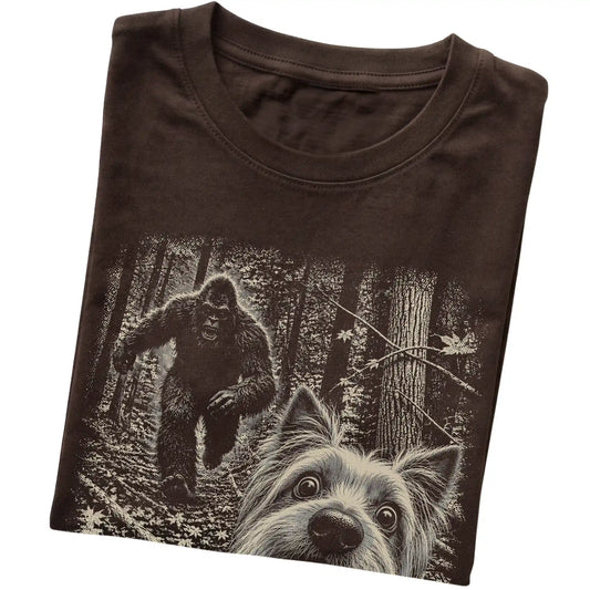 Dark Chocolate Yorkie Bigfoot selfie T-shirt, close-up view