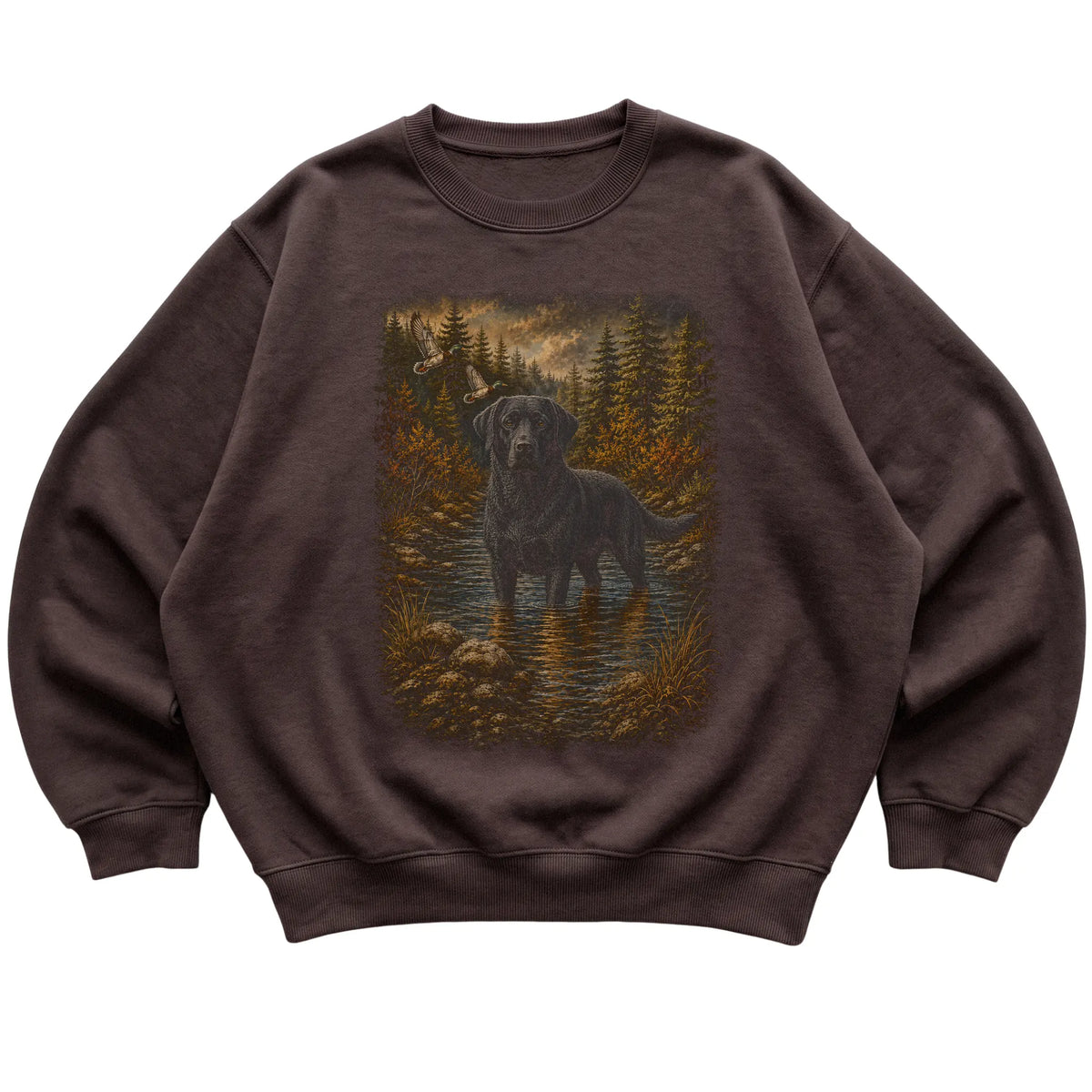 Black Lab Duck Hunting Sweatshirt in Dark Chocolate