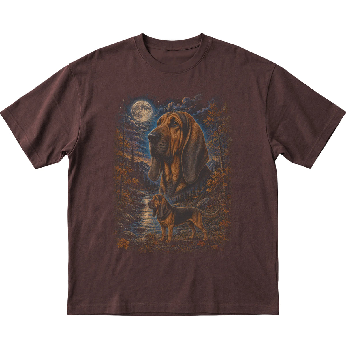 dark chocolate T-shirt with Bloodhound Autumn Moon artwork.