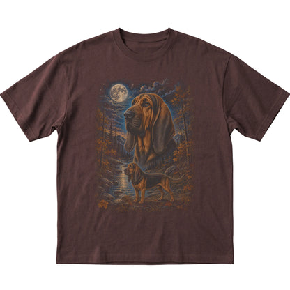 dark chocolate T-shirt with Bloodhound Autumn Moon artwork.