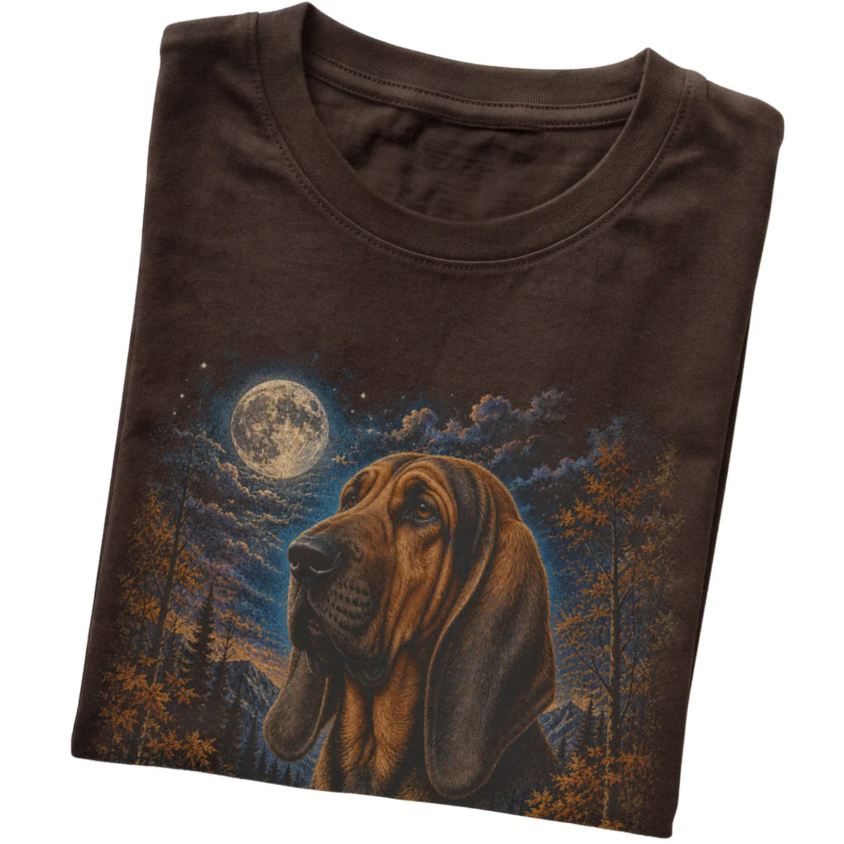 Folded dark chocolate T-shirt with Bloodhound Autumn Moon artwork.