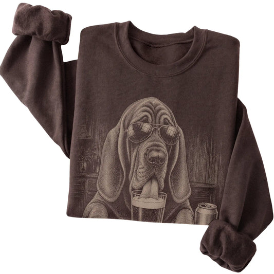 Dark Chocolate Bloodhound drinking from a pint at a bar, folded detail view