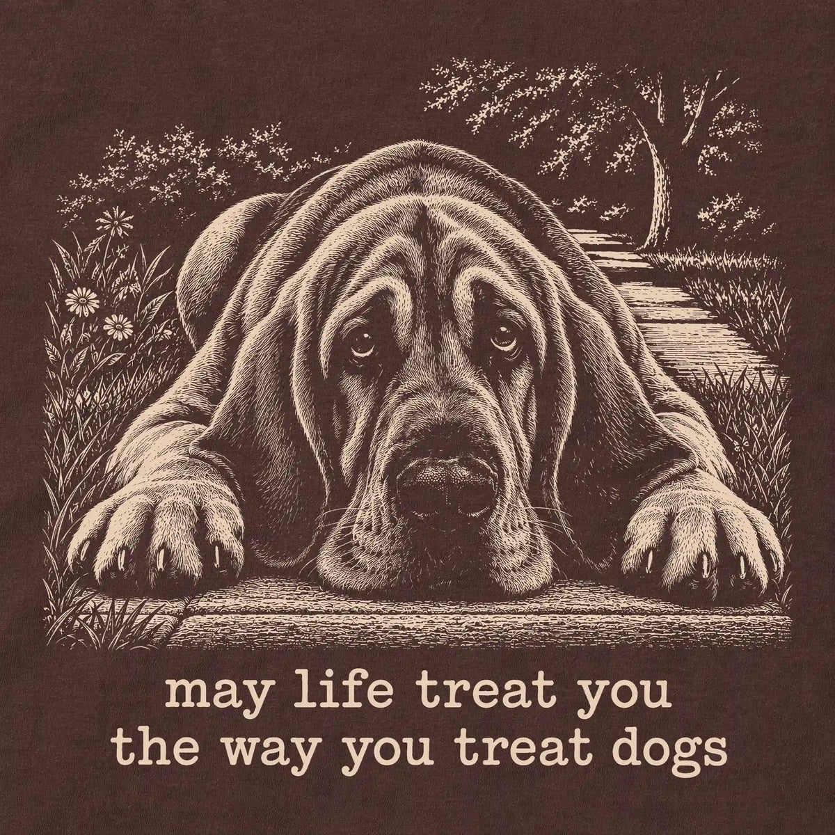 Bloodhound Karma Softstyle T-shirt in Dark Chocolate — Design Detail