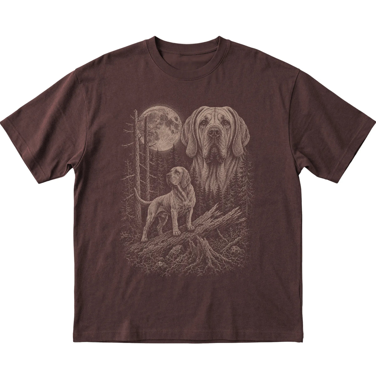 Bloodhound Moonlit Forest graphic on a dark chocolate Softstyle T-shirt laid flat