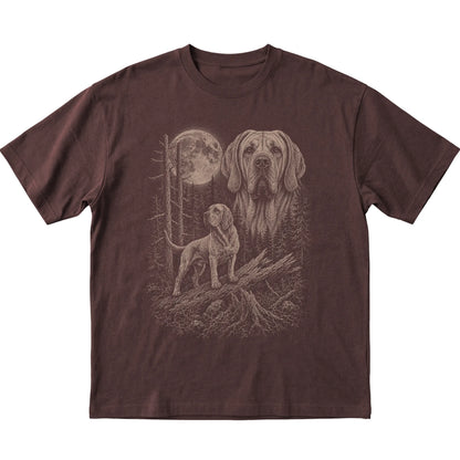 Bloodhound Moonlit Forest graphic on a dark chocolate Softstyle T-shirt laid flat