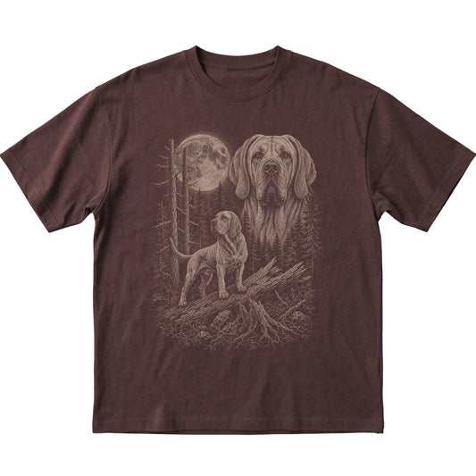 Bloodhound Moonlit Forest graphic on a dark chocolate Softstyle T-shirt laid flat
