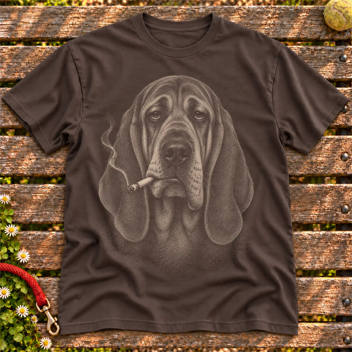 Bloodhound smoking design on a Dark Chocolate t-shirt