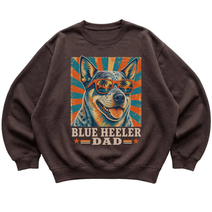 Retro Blue Heeler Dad design on a Dark Chocolate crewneck sweatshirt