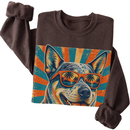 Folded Dark Chocolate crewneck sweatshirt with a Retro Blue Heeler Dad design