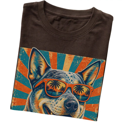 Folded Dark Chocolate softstyle T-shirt with a Retro Blue Heeler Dad design