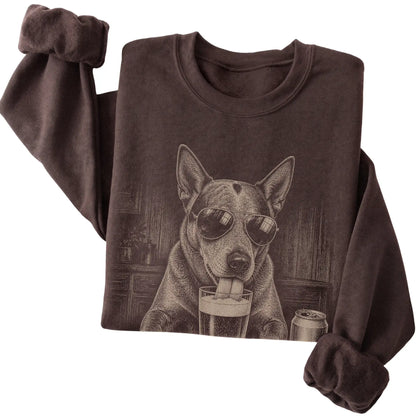 Dark Chocolate Blue Heeler drinking from a pint at a bar, folded detail view