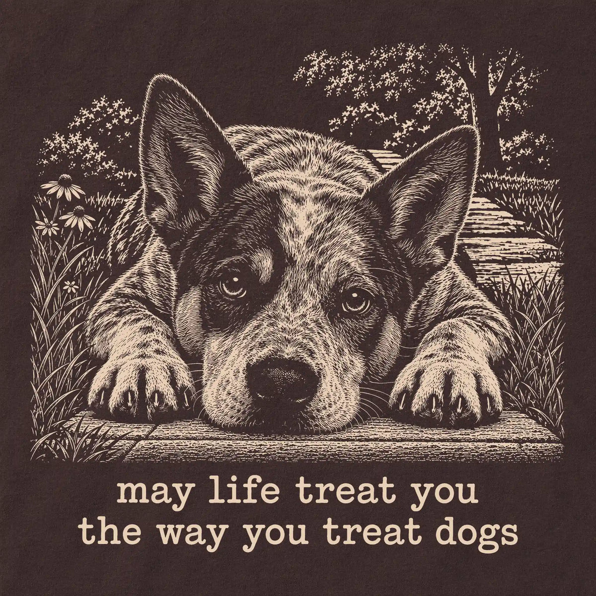 Blue Heeler Karma crewneck sweatshirt in Dark Chocolate — Design Detail