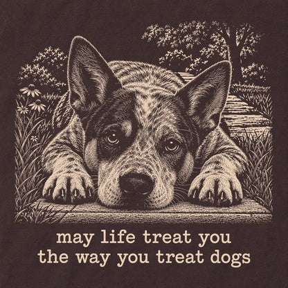Blue Heeler Karma crewneck sweatshirt in Dark Chocolate — Design Detail
