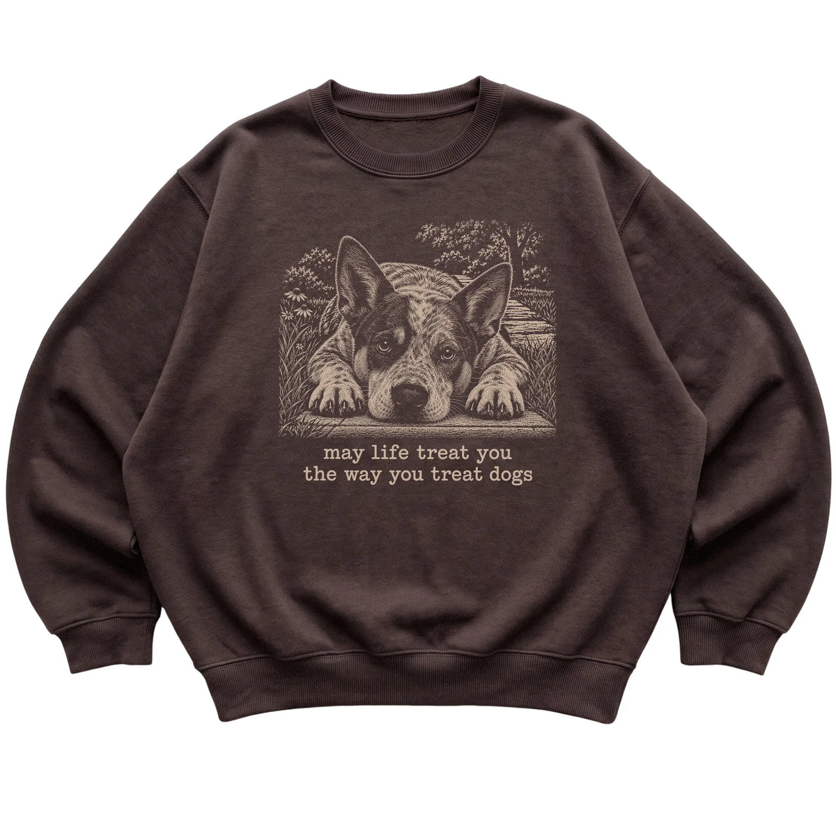 Blue Heeler Karma crewneck sweatshirt in Dark Chocolate — Flat Lay