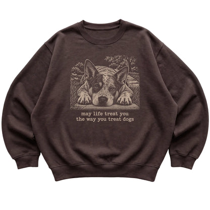Blue Heeler Karma crewneck sweatshirt in Dark Chocolate — Flat Lay