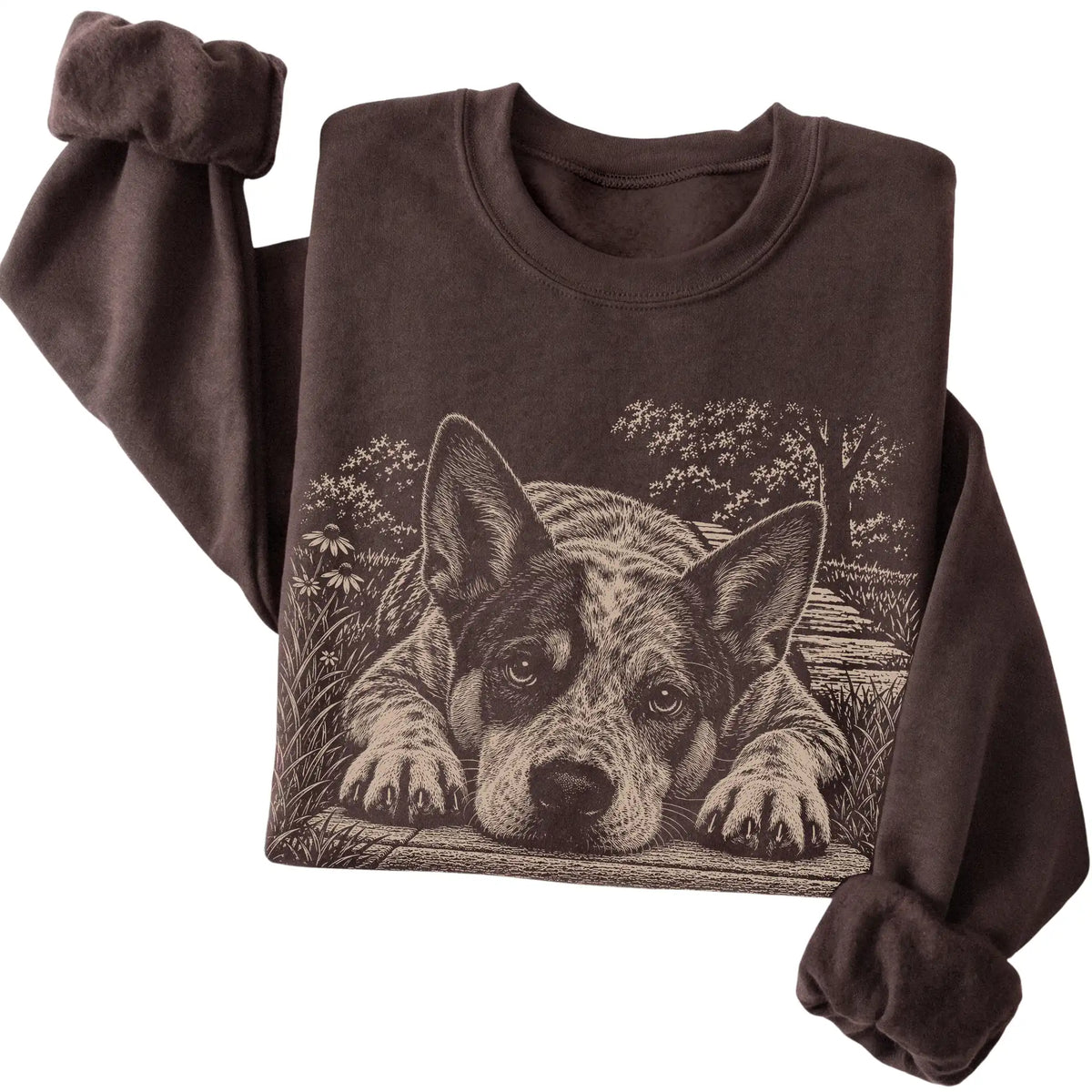 Blue Heeler Karma crewneck sweatshirt in Dark Chocolate — Folded Detail