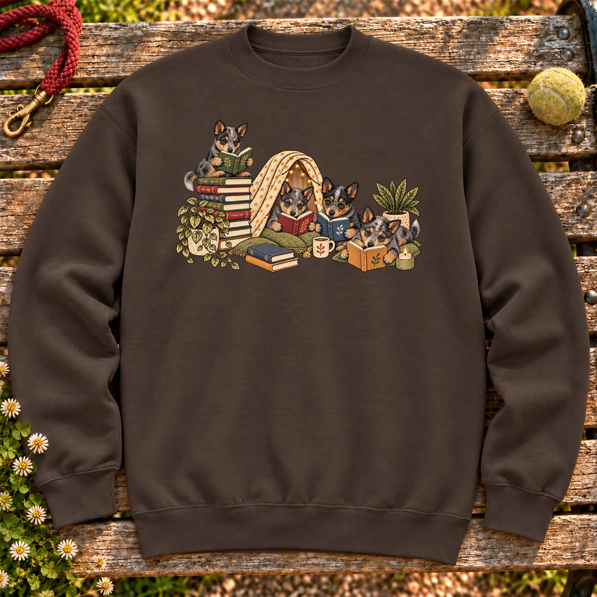 Blue Heeler puppies reading books in a cozy blanket fort on a Dark Chocolate sweatshirt
