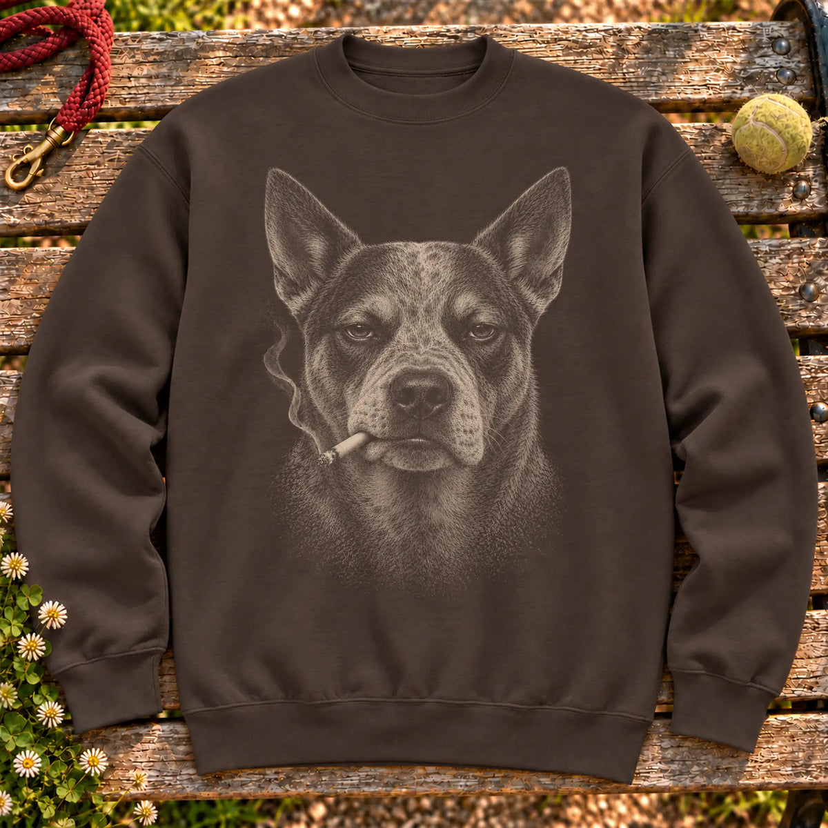 Blue Heeler smoking design on a Dark Chocolate sweatshirt