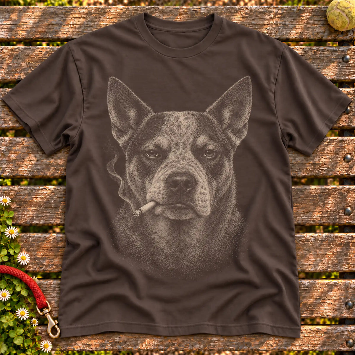 Blue Heeler smoking design on a Dark Chocolate t-shirt