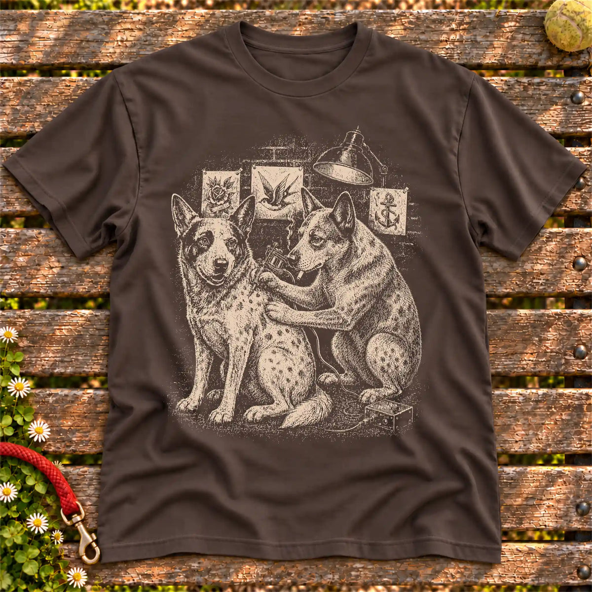 Blue Heeler Tattoo on a Dark Chocolate T-shirt, shown flat