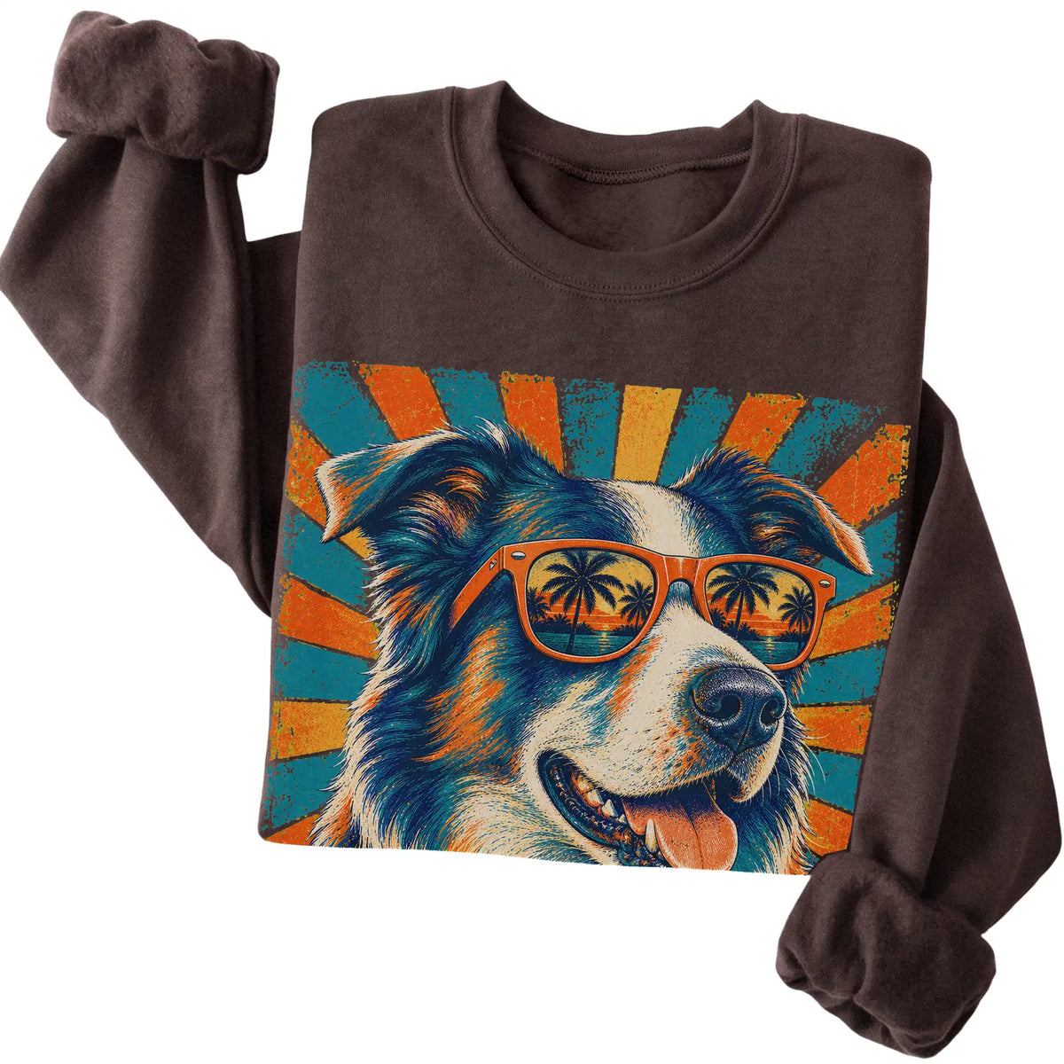 Folded Dark Chocolate crewneck sweatshirt with a Retro Border Collie Dad design