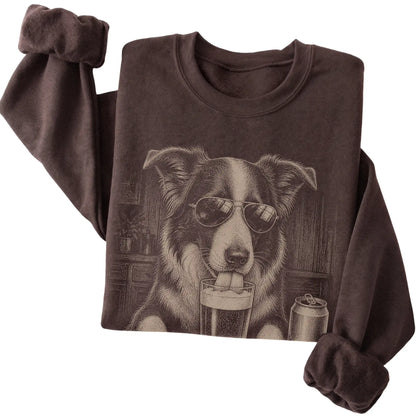 Dark Chocolate Border Collie drinking from a pint at a bar, folded detail view