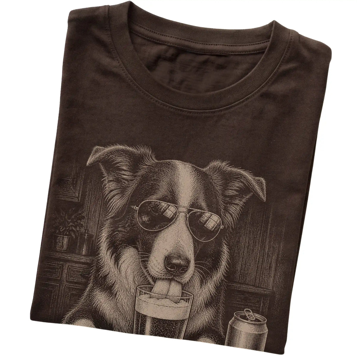 Dark Chocolate Border Collie drinking from a pint at a bar, folded detail view