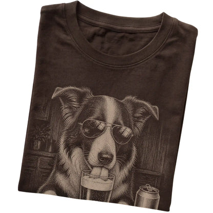 Dark Chocolate Border Collie drinking from a pint at a bar, folded detail view