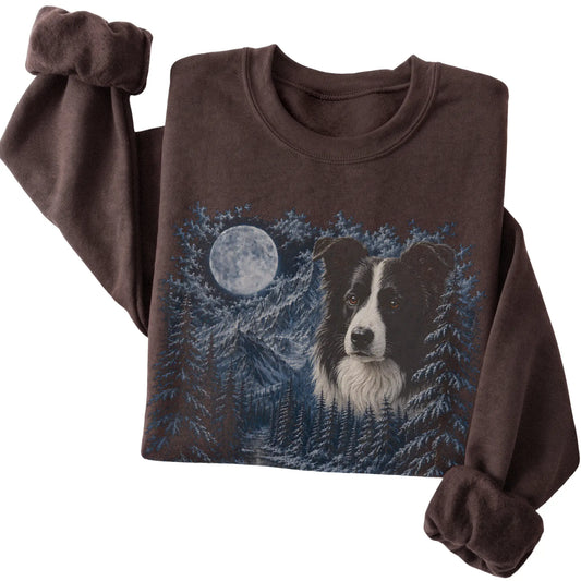 Border Collie Forest Moon Sweatshirt in Dark Chocolate