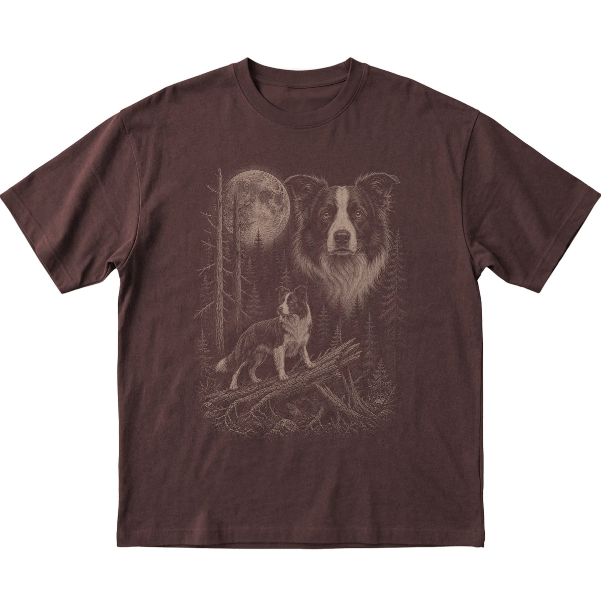 Border Collie Moonlit Forest graphic on a dark chocolate Softstyle T-shirt laid flat