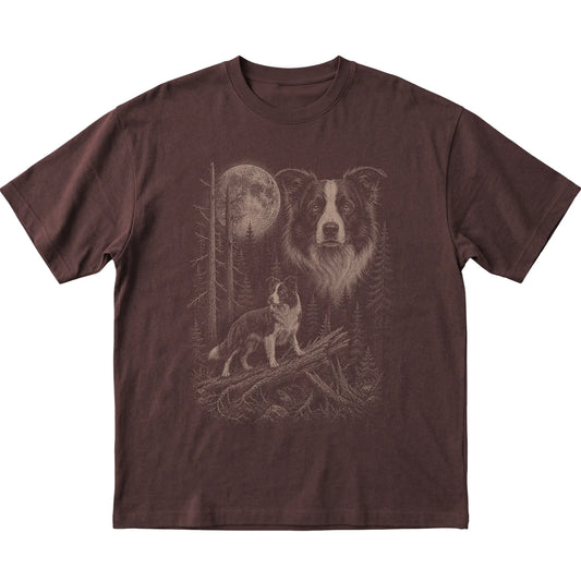 Border Collie Moonlit Forest graphic on a dark chocolate Softstyle T-shirt laid flat