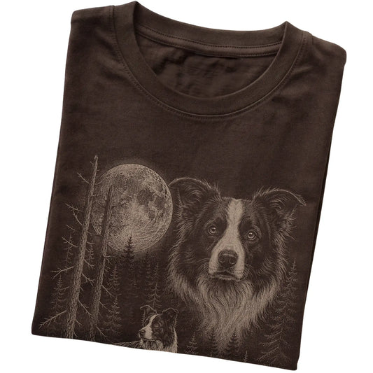 Folded dark chocolate Softstyle T-shirt showing the Border Collie Moonlit Forest graphic