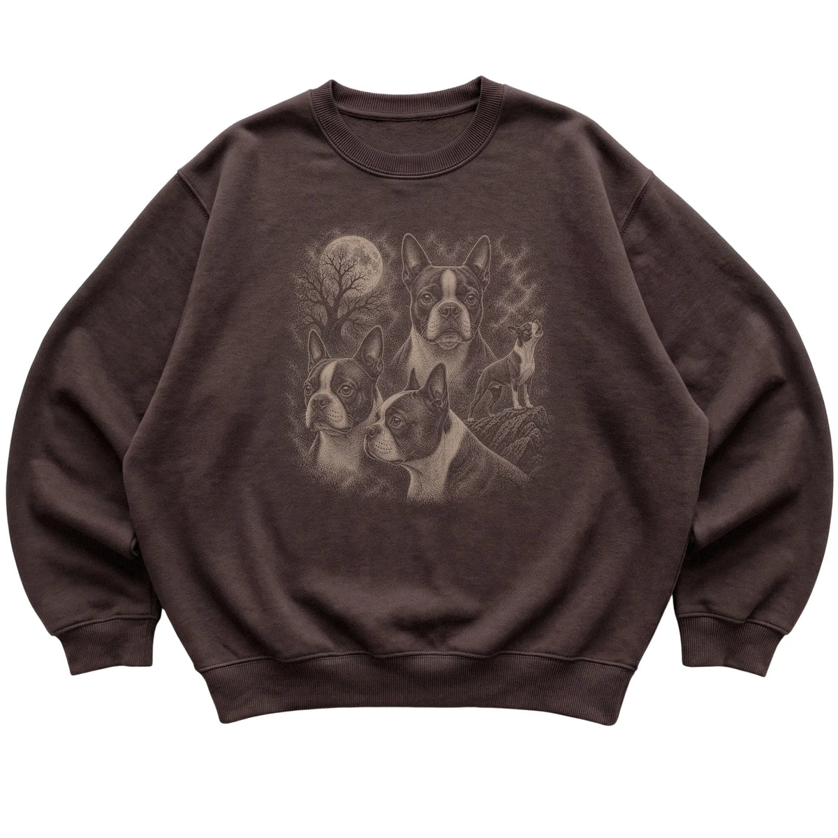 Boston Terrier 90s Moon Sweatshirt in Dark Chocolate — flat lay