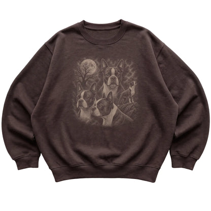 Boston Terrier 90s Moon Sweatshirt in Dark Chocolate — flat lay