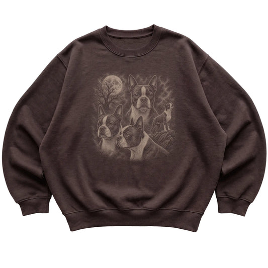 Boston Terrier 90s Moon Sweatshirt in Dark Chocolate — flat lay