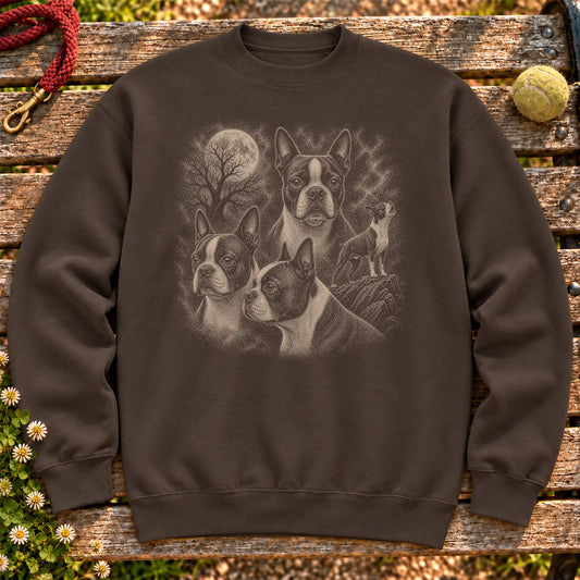 Boston Terrier 90s Moon design on a Dark Chocolate crewneck sweatshirt shown flat