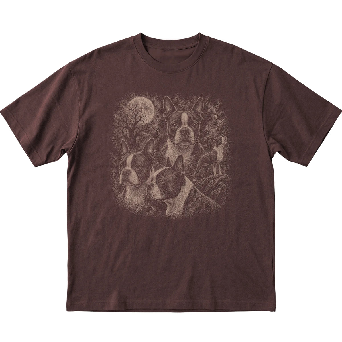 Boston Terrier 90s Moon T-Shirt in Dark Chocolate — flat lay