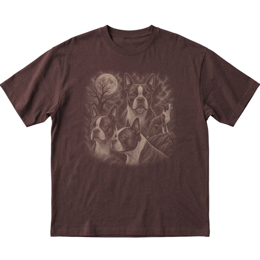 Boston Terrier 90s Moon T-Shirt in Dark Chocolate — flat lay