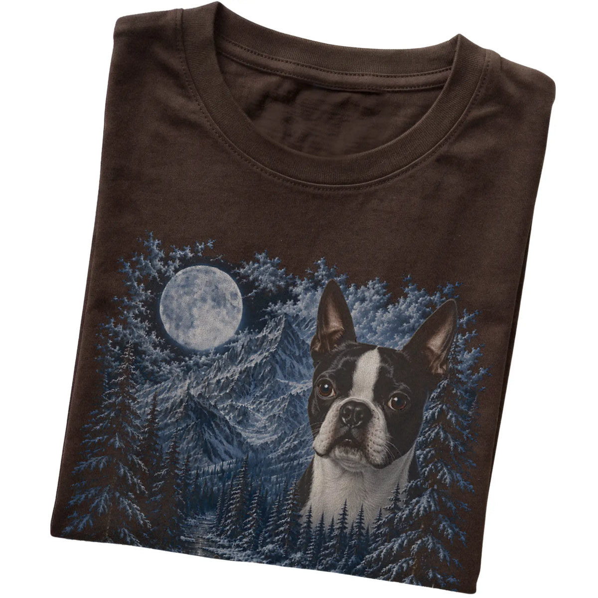 Boston Terrier Forest Moon T-Shirt in Dark Chocolate