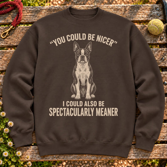 Boston Terrier Guard Dog on a Dark Chocolate crewneck sweatshirt, shown flat