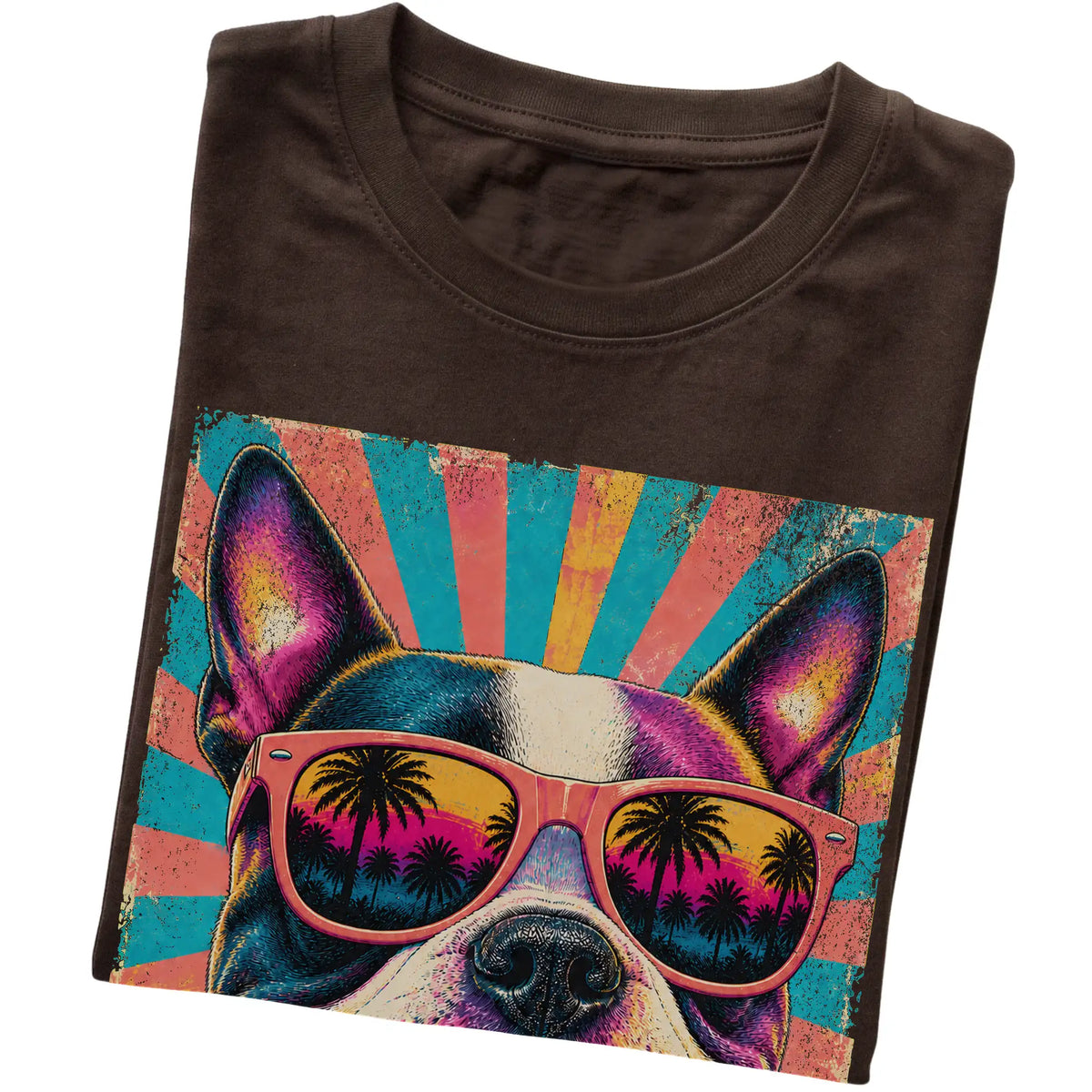 Folded Dark Chocolate softstyle T-shirt with a Retro Boston Terrier Mama design