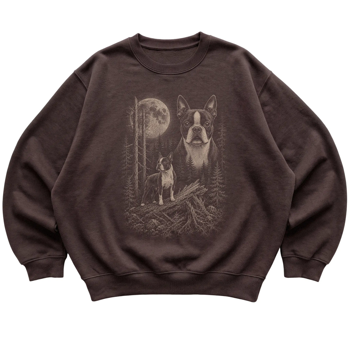 Boston Terrier Moonlit Forest graphic on a dark chocolate crewneck sweatshirt laid flat