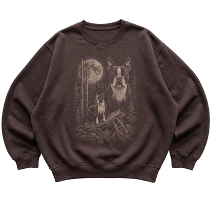 Boston Terrier Moonlit Forest graphic on a dark chocolate crewneck sweatshirt laid flat