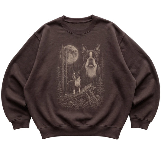 Boston Terrier Moonlit Forest graphic on a dark chocolate crewneck sweatshirt laid flat