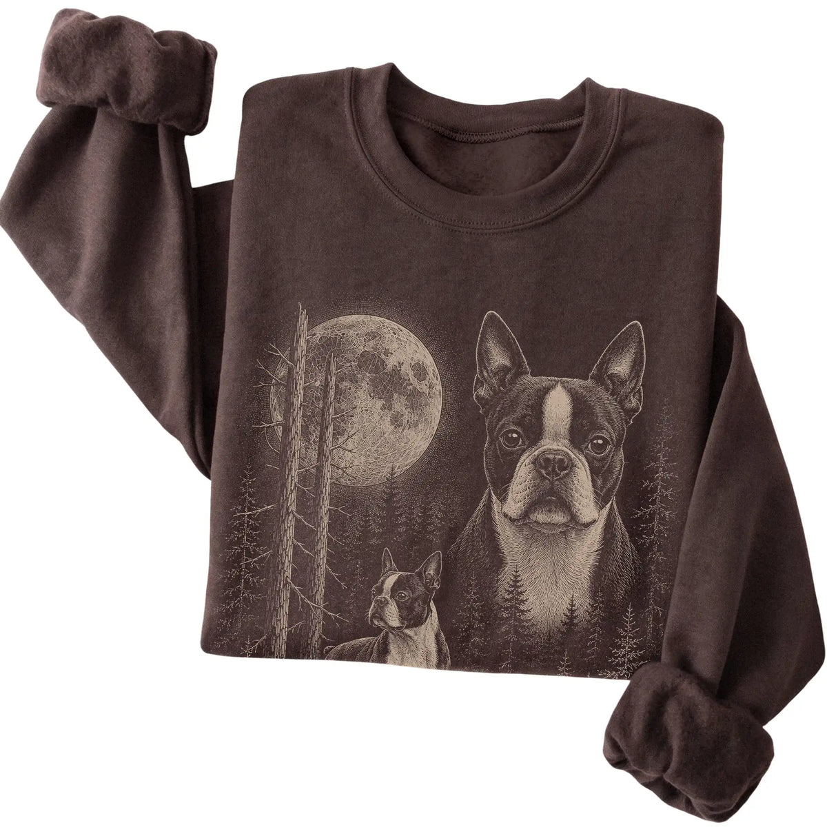 Folded dark chocolate crewneck sweatshirt showing the Boston Terrier Moonlit Forest graphic