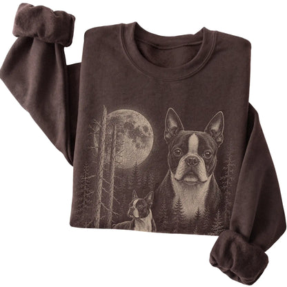 Folded dark chocolate crewneck sweatshirt showing the Boston Terrier Moonlit Forest graphic