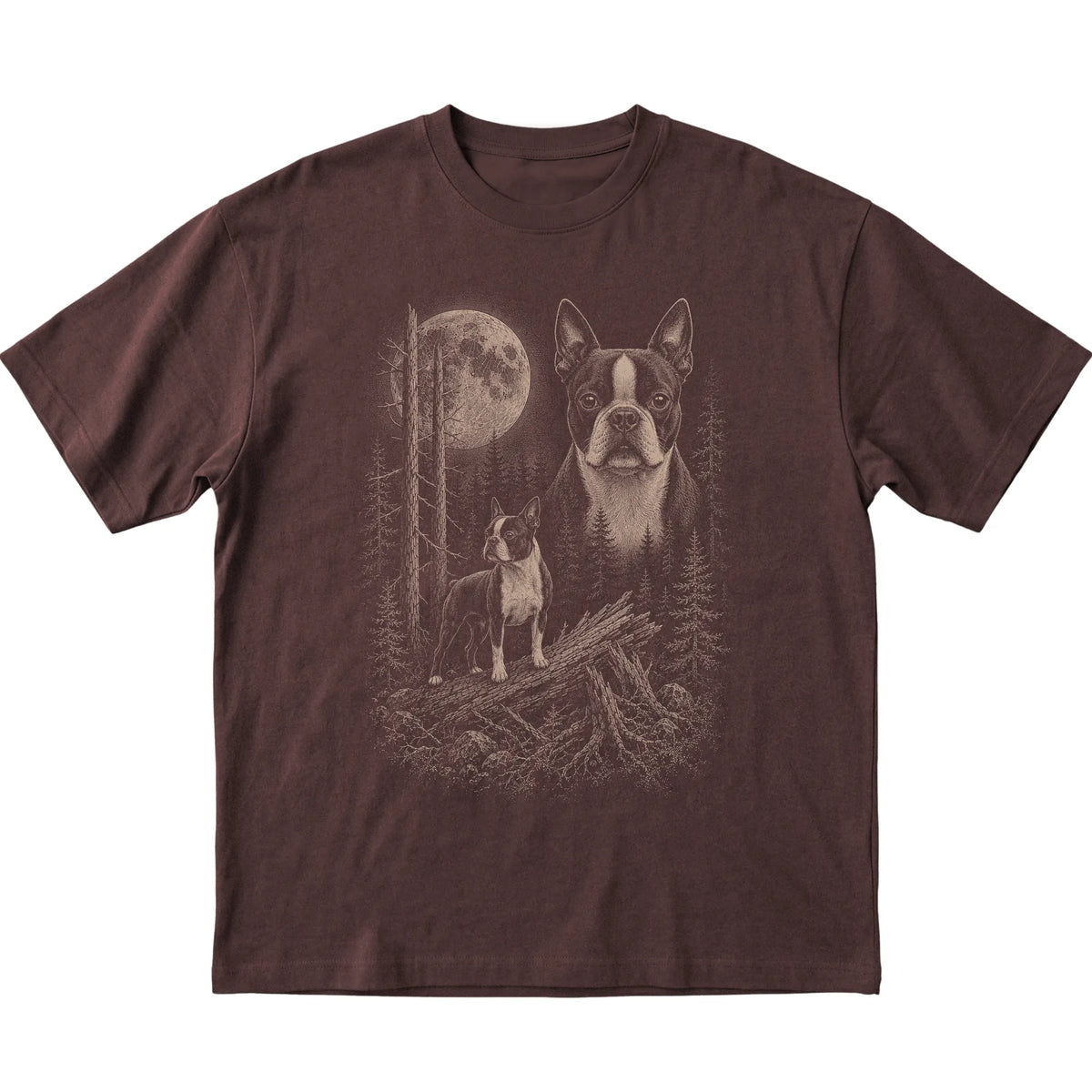 Boston Terrier Moonlit Forest graphic on a dark chocolate Softstyle T-shirt laid flat
