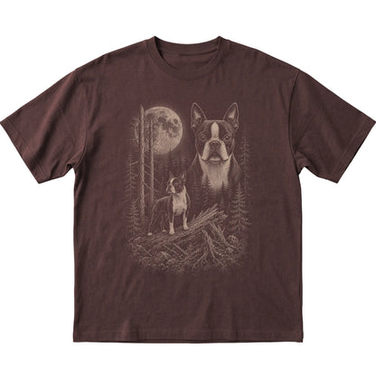 Boston Terrier Moonlit Forest graphic on a dark chocolate Softstyle T-shirt laid flat