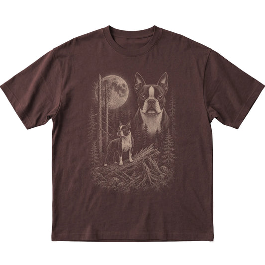 Boston Terrier Moonlit Forest graphic on a dark chocolate Softstyle T-shirt laid flat